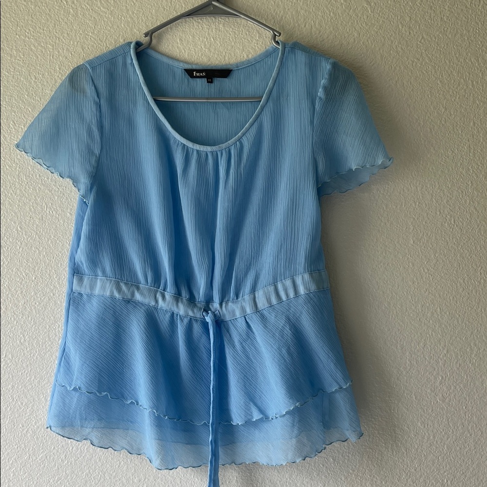 Staccato Light Blue Pleated Short Sleeve Tie-Waist Blouse